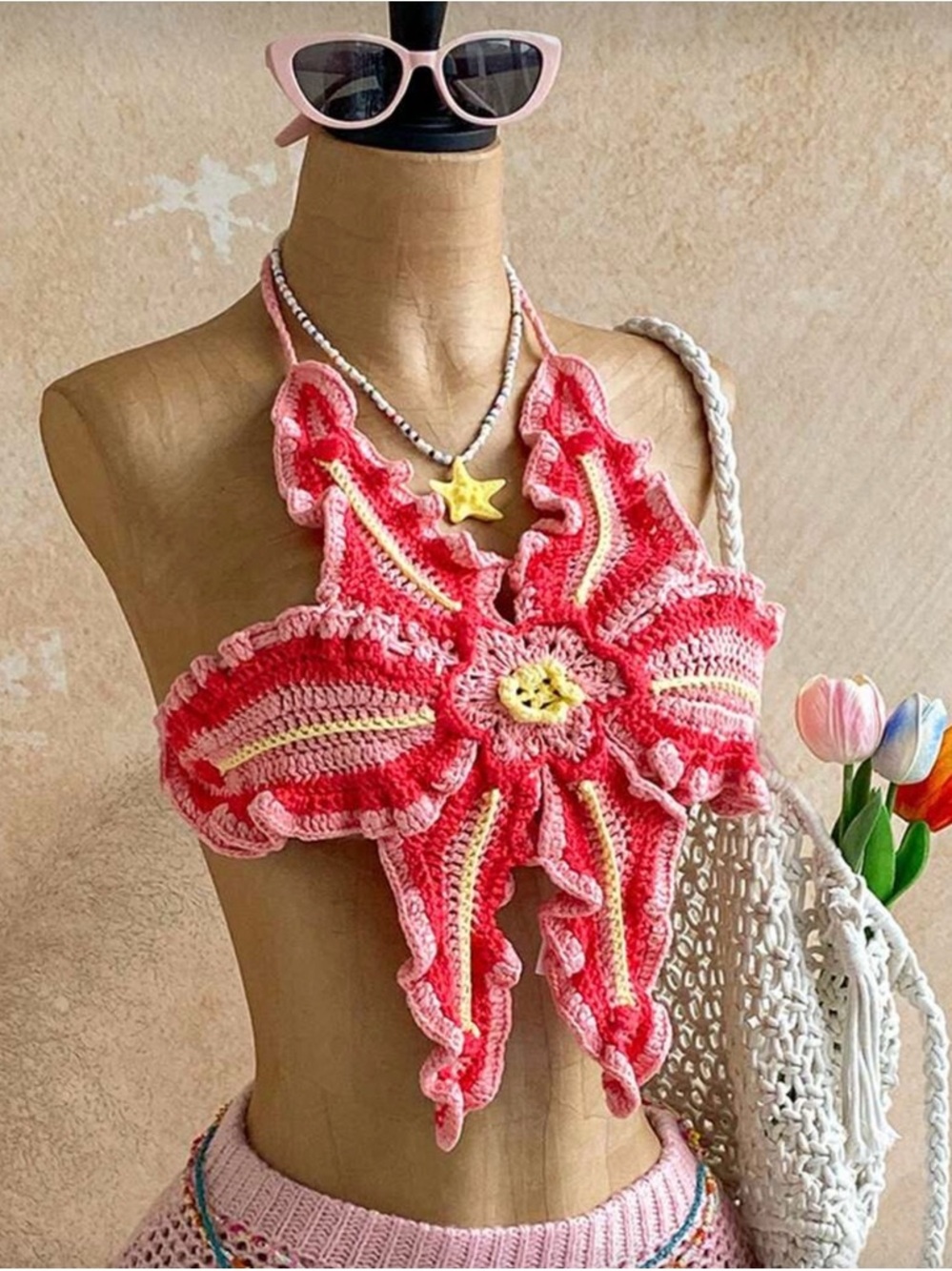 Handmade Crochet Starburst Halter Top in Pink & Yellow